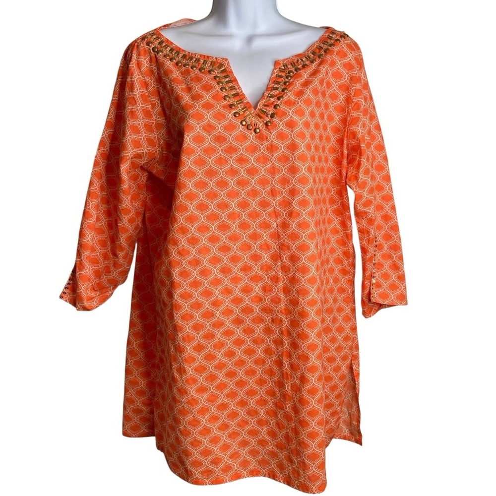 d.e.i. Orange Moroccan‎ Tile Beaded Tunic Top Sz M Boho Gypsy Art to Wear